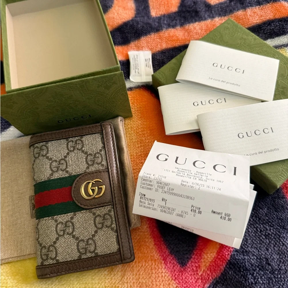 Gucci Beige and Brown Card Holder with Green-Red Stripe - Picture 2 of 14